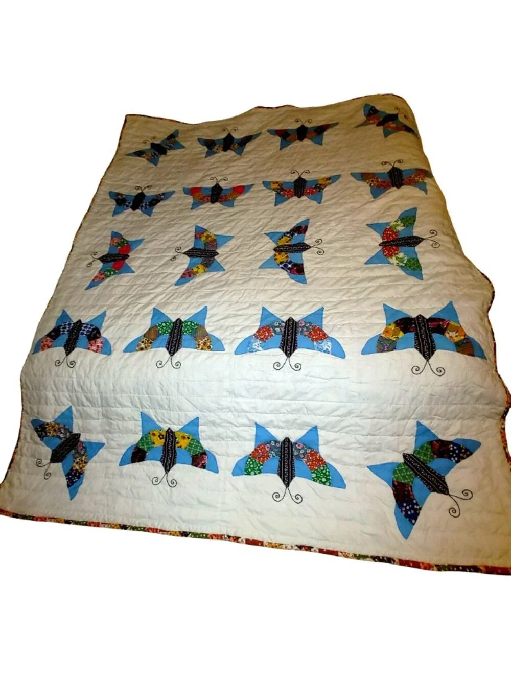1970s Butterfly Quilt Vintage Handmade Multi Color Patchwork Appliqué 80 by 64